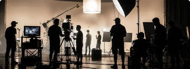 Film crew working with cameras and lighting equipment on a studio set.