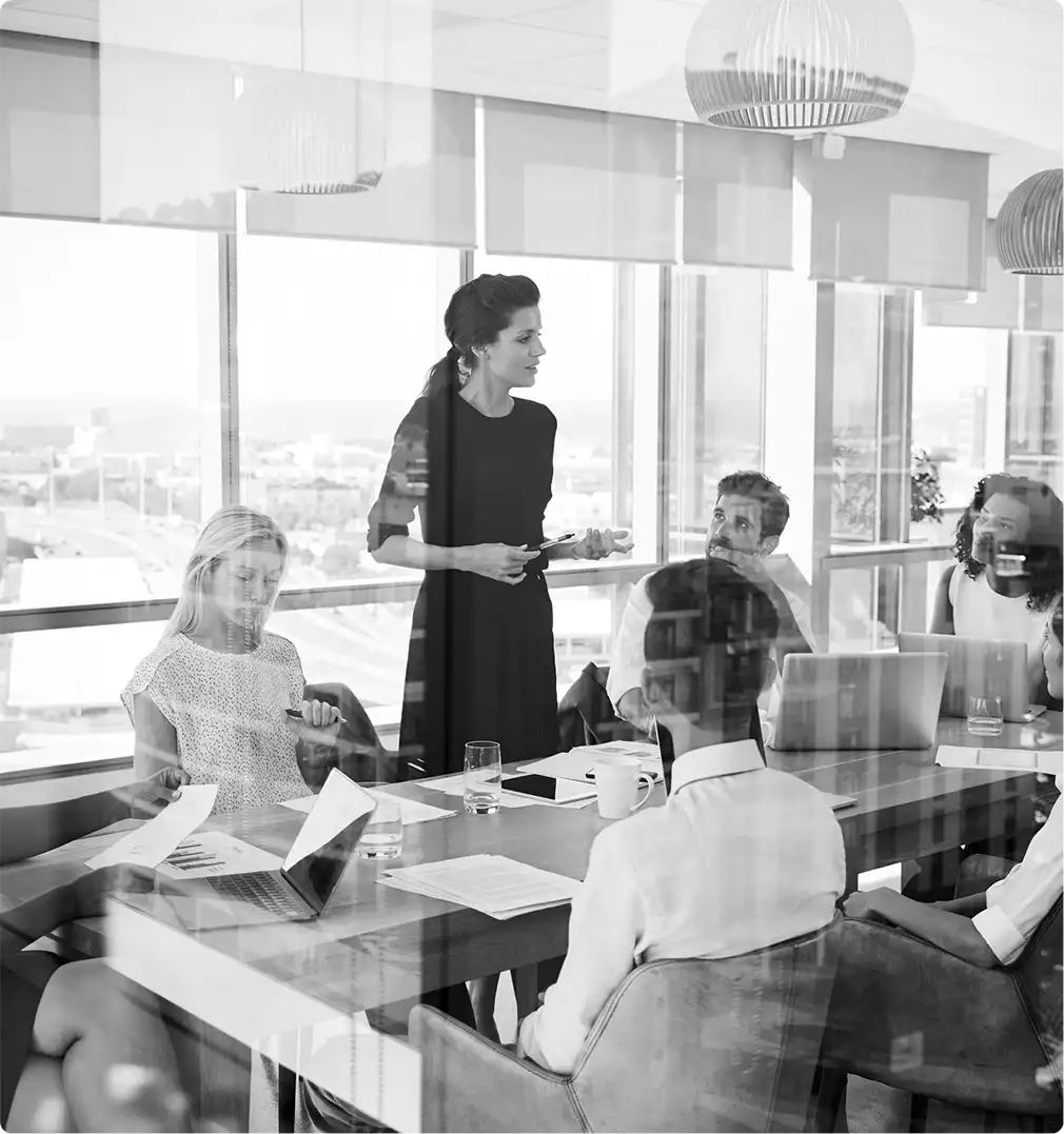 A woman presenting to colleagues seated around a conference table.