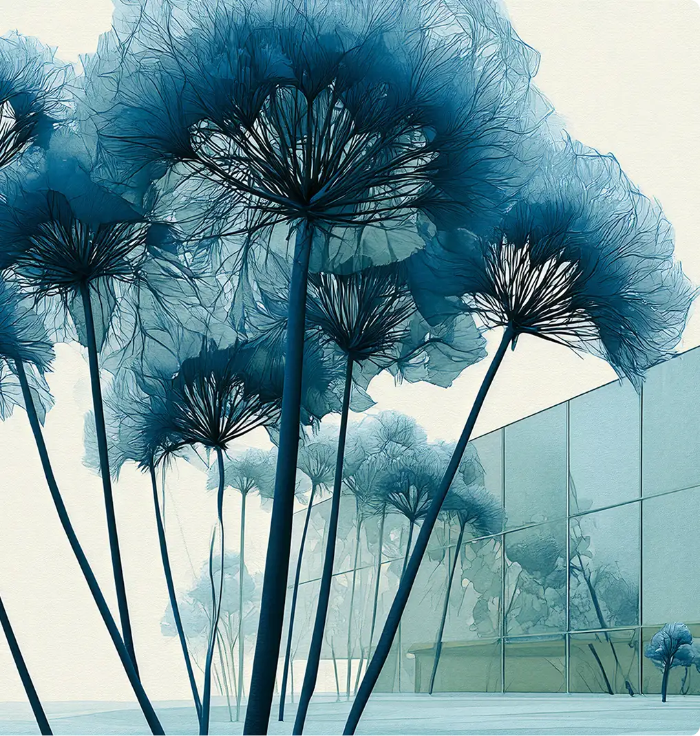 Watercolor tree and glass building beside the form