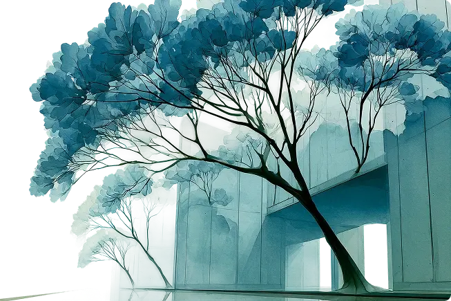 Watercolor tree and building beside the form