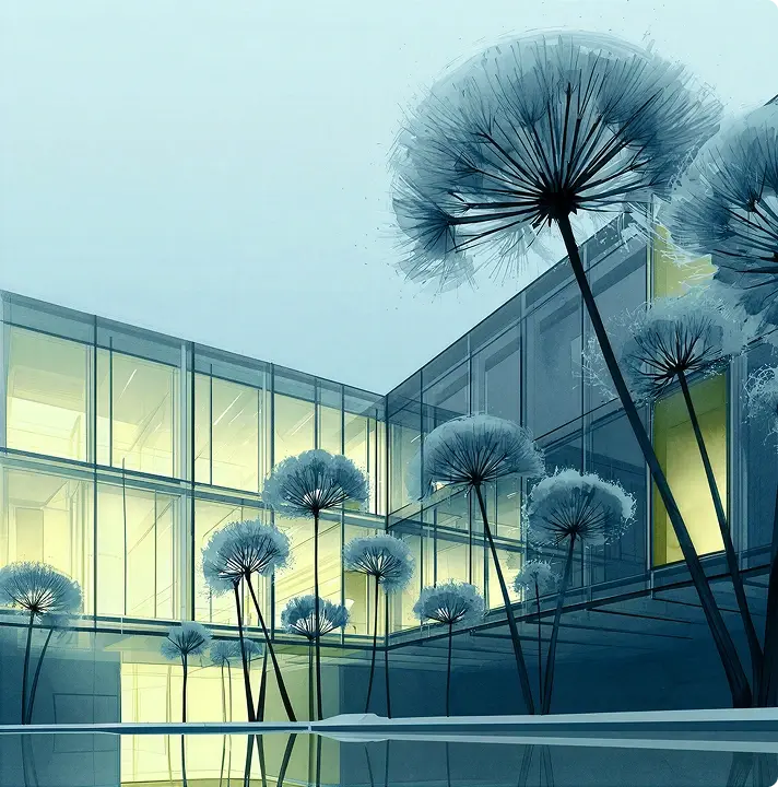 Dandelion seed heads in front of a glass building