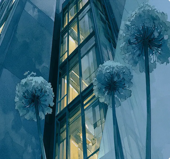 Watercolor glass building facade and blue flowers
