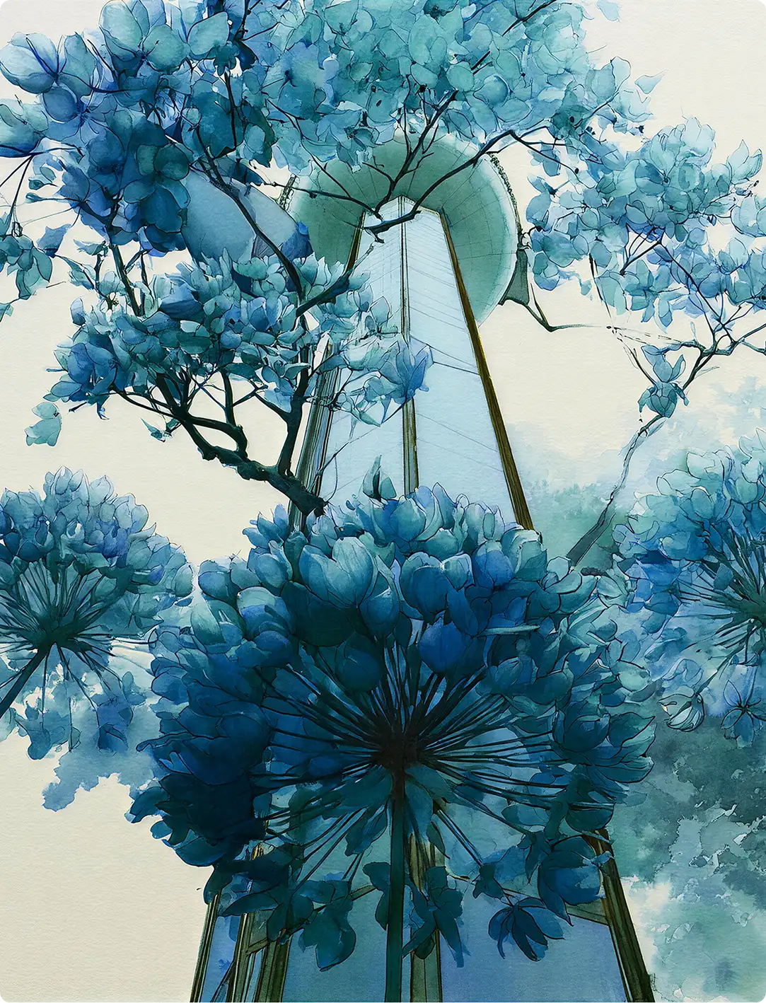 Blue flowering trees beside a tall architectural form